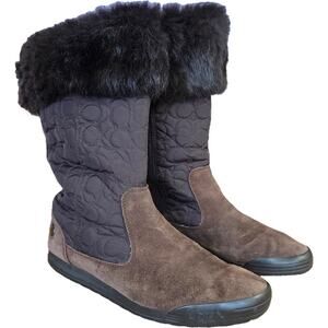 Coach Talen Quilted Dark Brown Suede Quilted Logo Fur Trimmed Winter Boots 9.5